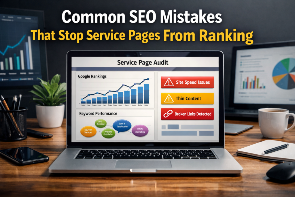 common SEO mistakes that stop service pages from ranking concept illustration