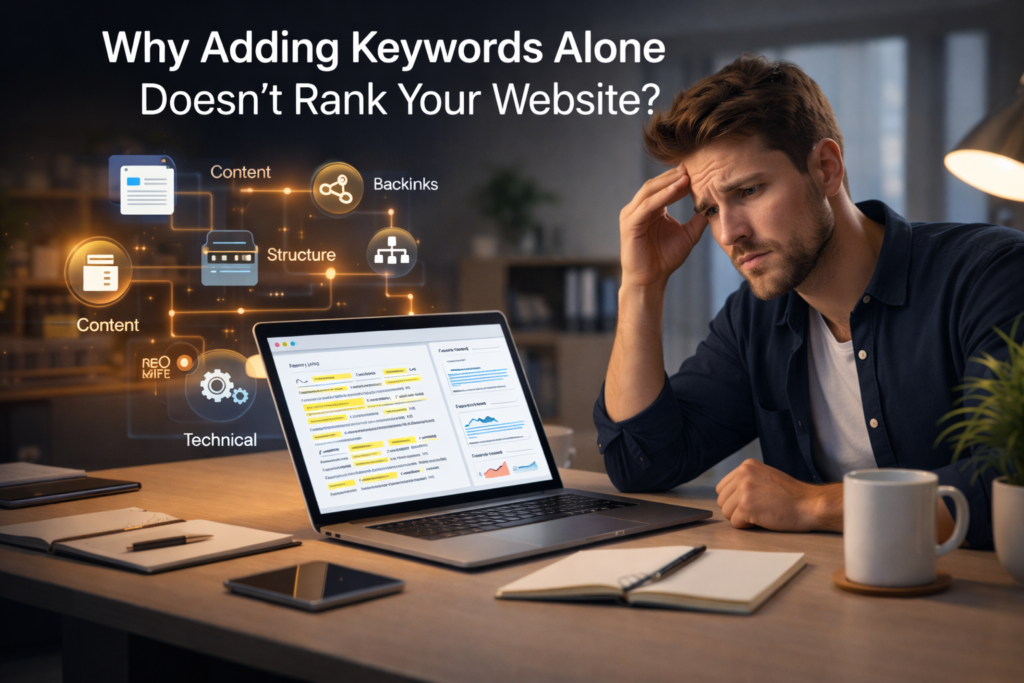 Why adding keywords alone doesn’t rank a website SEO concept with content, backlinks, and technical factors