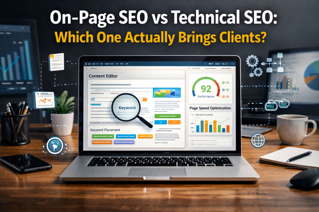 on-page SEO vs technical SEO comparison showing content optimization and technical website structure