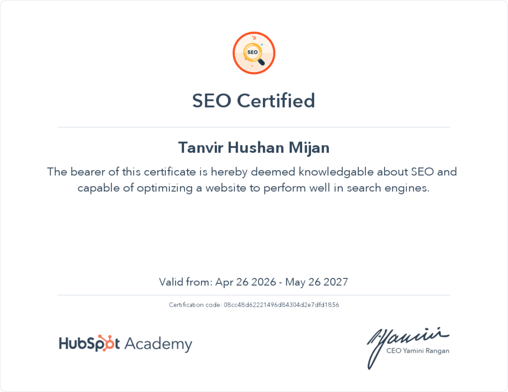 Certified SEO Specialist – HubSpot Academy | Tanvir Hushan SEO Specialist